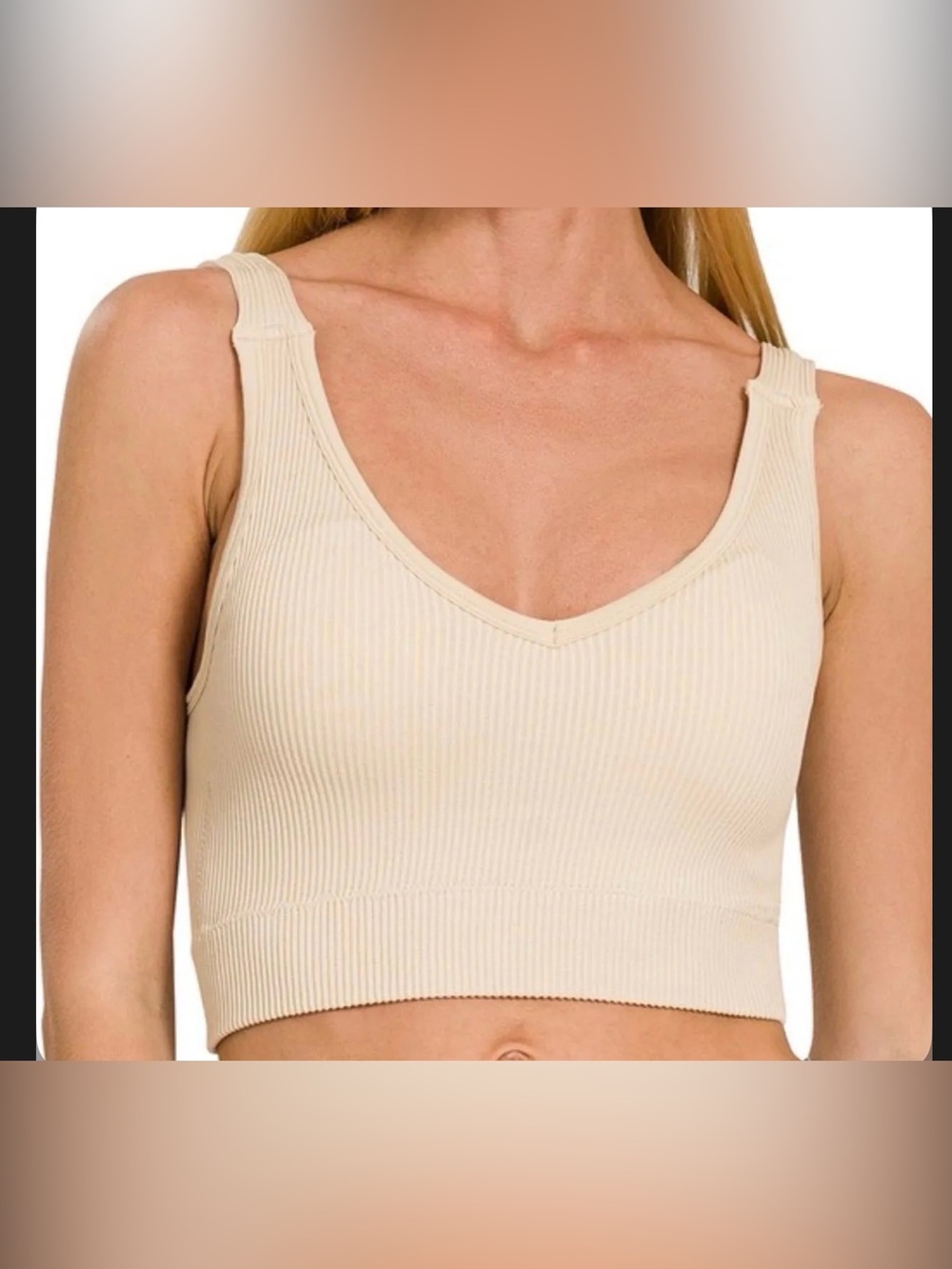 Zenana Outfitters Ribbed Padded V-Neck Cropped Tank in Beige